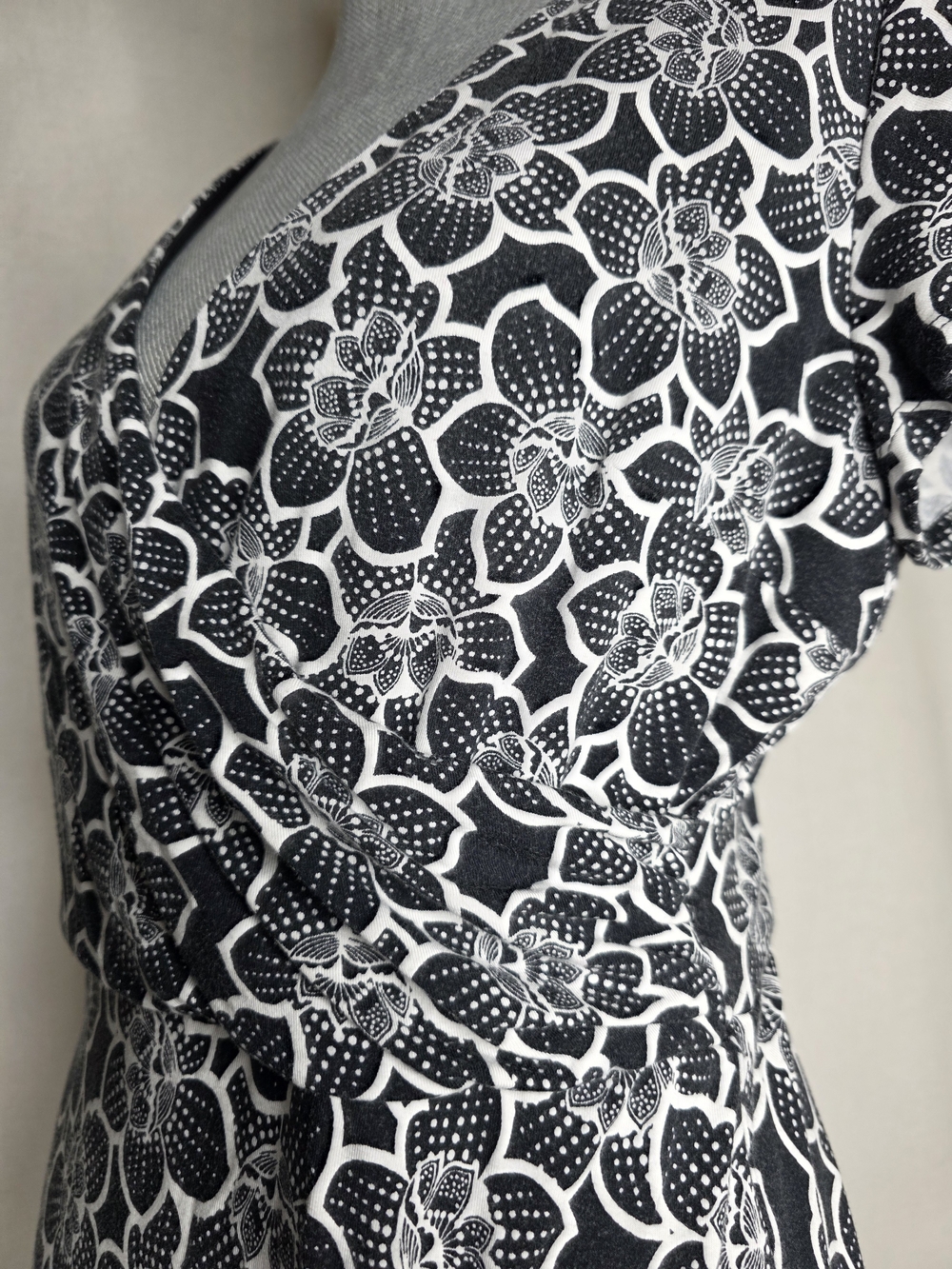 LOFT Black and White Floral Wrap-Style Midi Dress - Picture 3 of 6